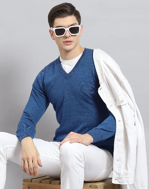 Designer Casuals Men Blue Solid V Neck Full Sleeve Pullover