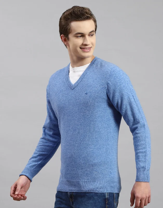 Smart Pants Men Blue Solid V Neck Full Sleeve Pullover