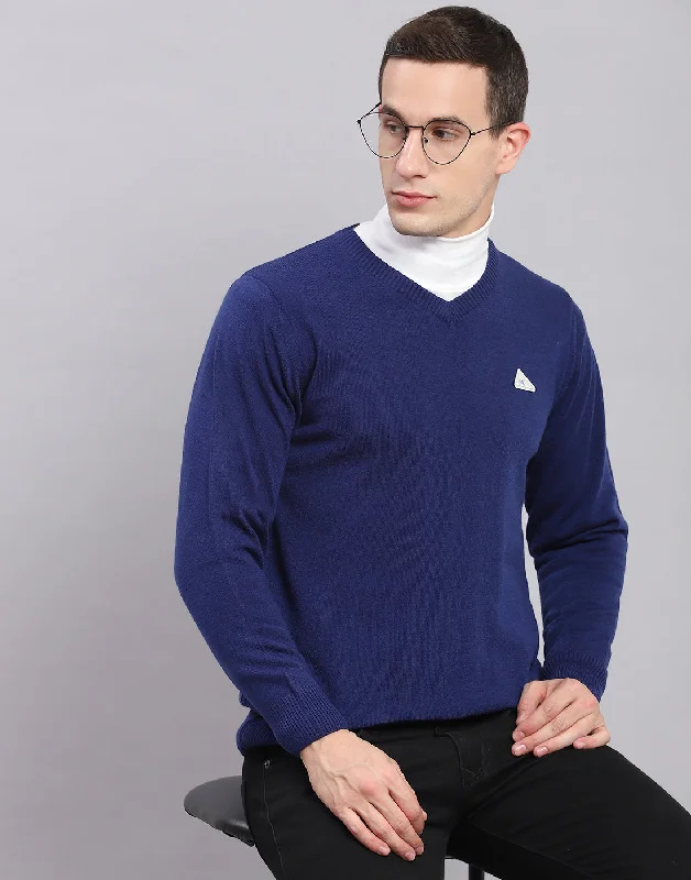 Layered Outfits Men Blue Solid V Neck Full Sleeve Pullover