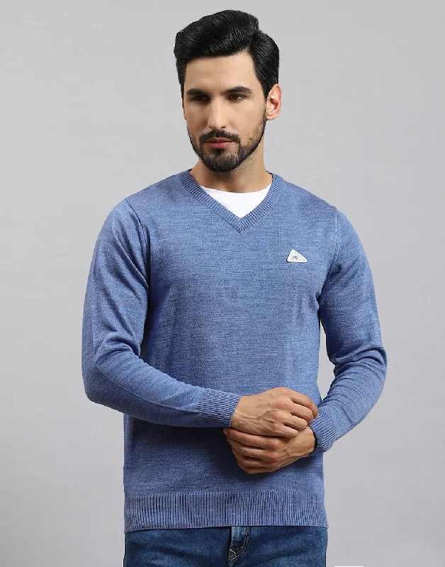 Sleek Tops Men Blue Solid V Neck Full Sleeve Pullover