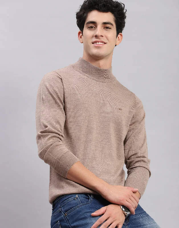 Chic Styles Men Brown Solid Turtle Neck Full Sleeve Pullover