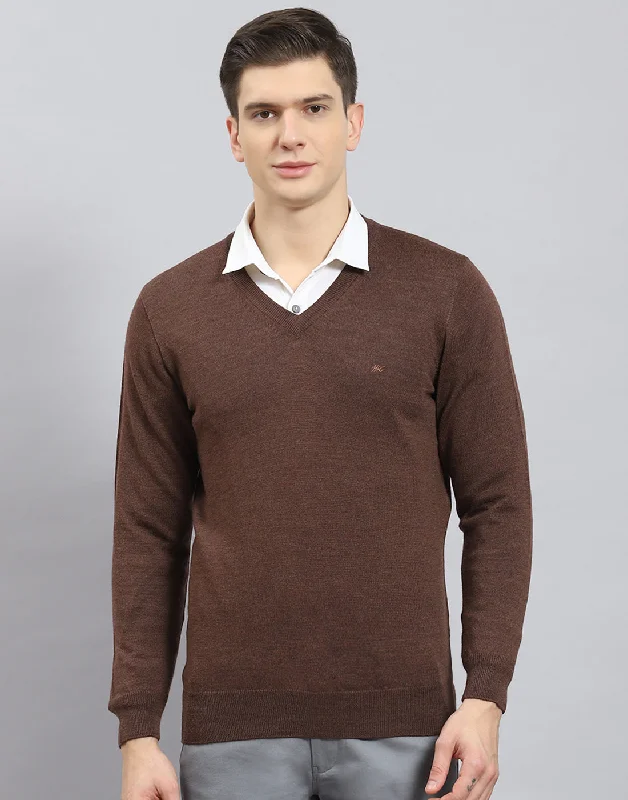 Everyday Apparel Men Brown Solid V Neck Full Sleeve Pullover