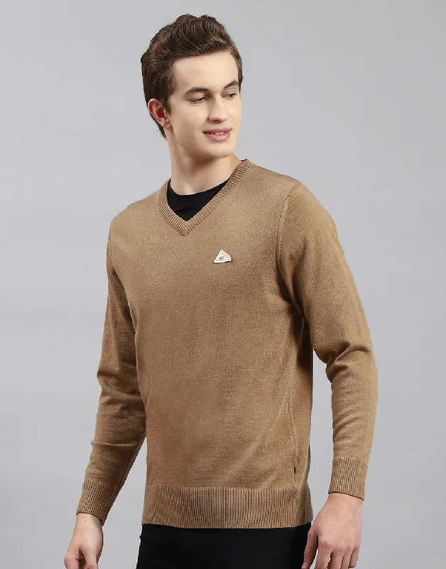 Relaxed Styles Men Brown Solid V Neck Full Sleeve Pullover