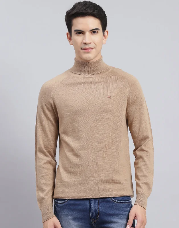 Relaxed Styles Men Camel Brown Solid High Neck Full Sleeve Pullover