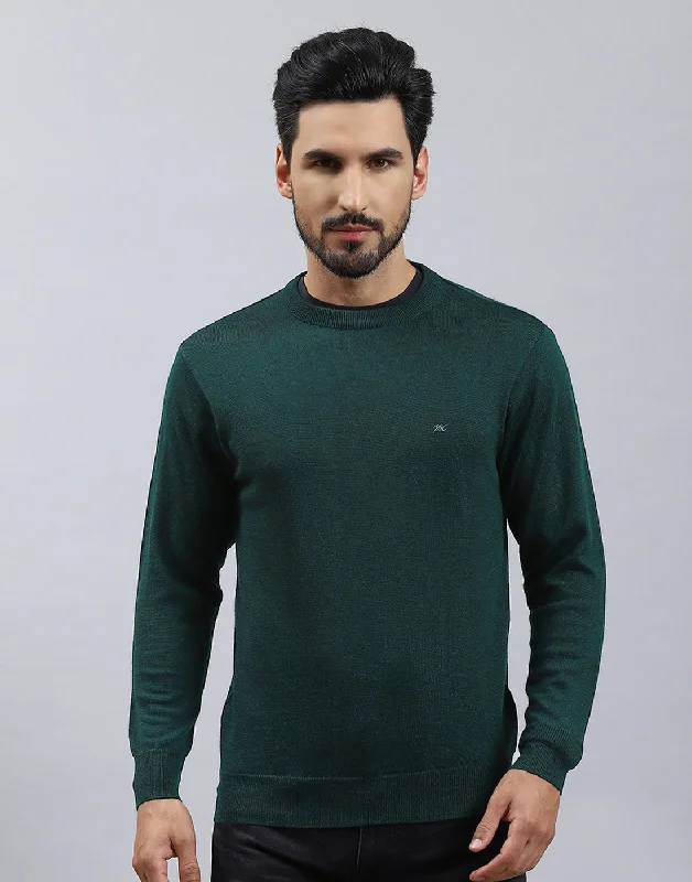 All-Season Wear Men Green Solid Round Neck Full Sleeve Pullover