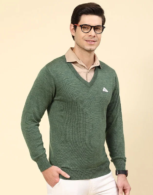 Urban Tees Men Green Solid V Neck Full Sleeve Pullover