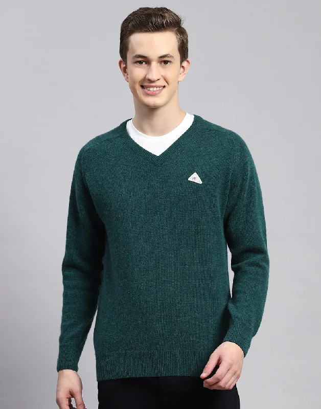 Minimal Apparel Men Green Solid V Neck Full Sleeve Pullover