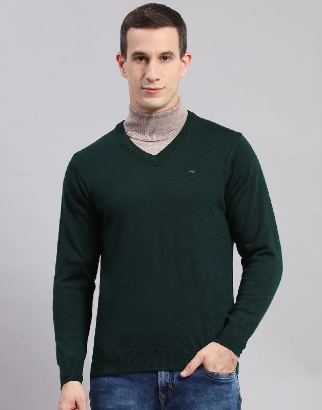 Sporty Jackets Men Green Solid V Neck Full Sleeve Pullover