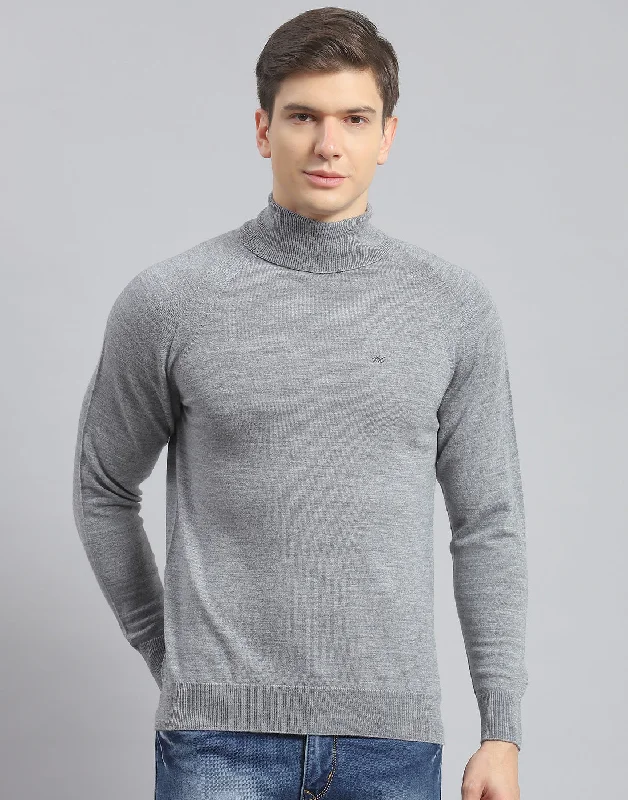Winter Jackets Men Grey Melange Solid High Neck Full Sleeve Pullover