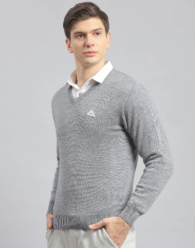 Smart Suits Men Grey Melange Solid V Neck Full Sleeve Pullover