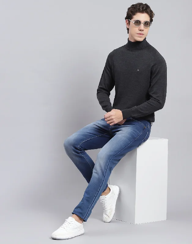 Casual Shirts Men Grey Solid High Neck Full Sleeve Pullover
