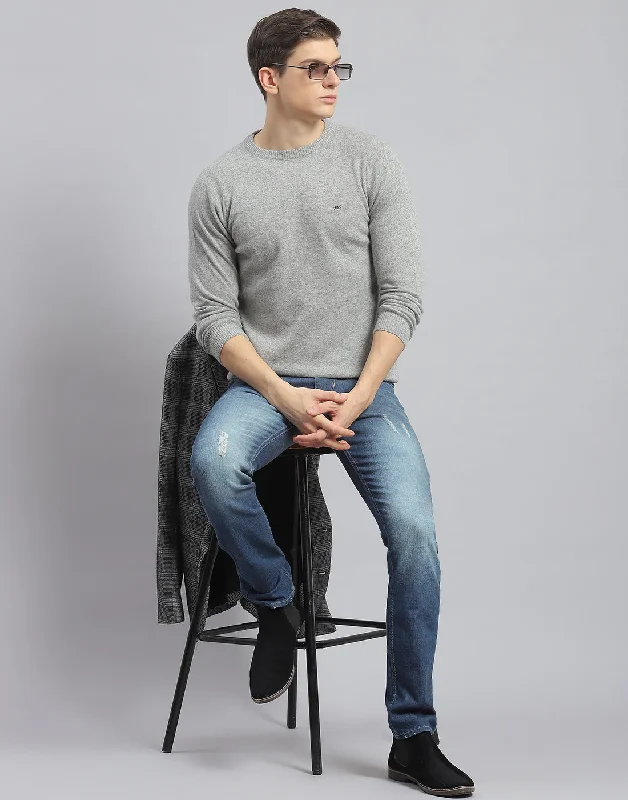 Travel Wardrobe Men Grey Solid Round Neck Full Sleeve Pullover