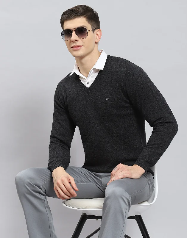 Outdoor Gear Men Grey Solid V Neck Full Sleeve Pullover