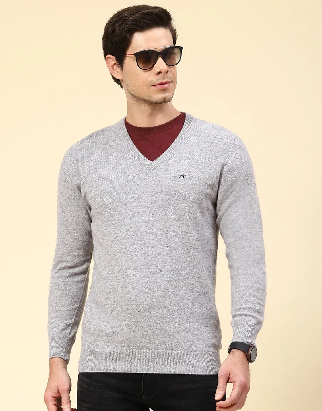 Stylish Jackets Men Grey Solid V Neck Full Sleeve Pullover