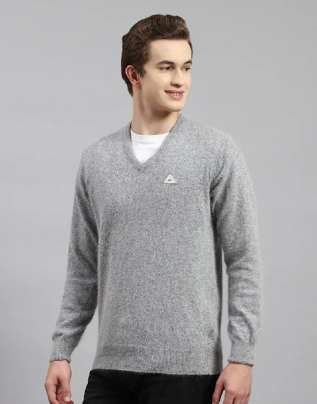 Warm Jackets Men Grey Solid V Neck Full Sleeve Pullover