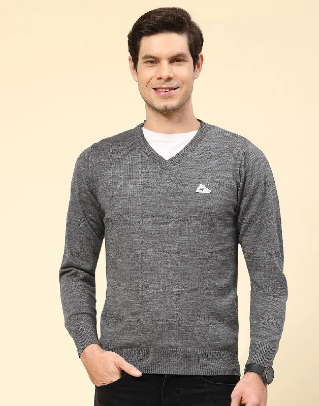 Formal Shirts Men Grey Solid V Neck Full Sleeve Pullover
