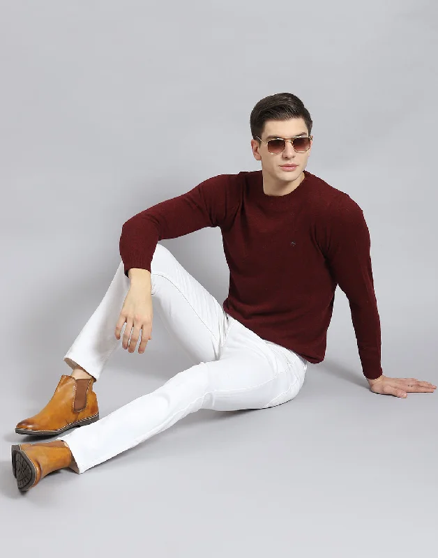 Layered Styles Men Maroon Solid Round Neck Full Sleeve Pullover