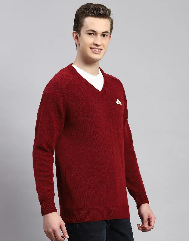 Winter Outfits Men Maroon Solid V Neck Full Sleeve Pullover