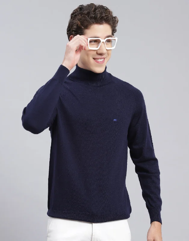 Lightweight Tops Men Navy Blue Solid High Neck Full Sleeve Pullover