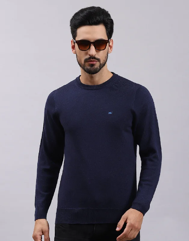 Layered Outfits Men Navy Blue Solid Round Neck Full Sleeve Pullover