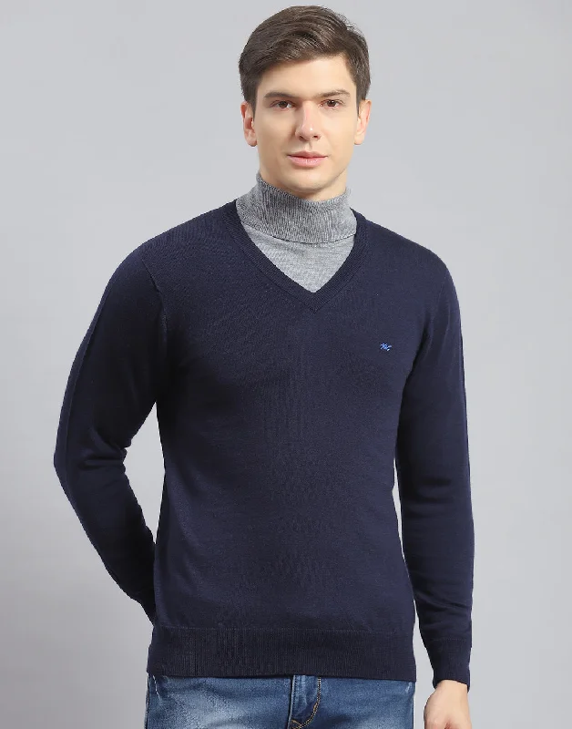 Fashionable Wear Men Navy Blue Solid V Neck Full Sleeve Pullover