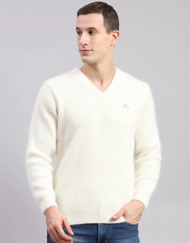 Stylish Suits Men Off White Solid V Neck Full Sleeve Pullover