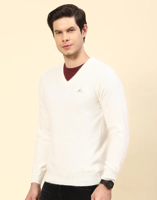 Relaxed Looks Men Off White Solid V Neck Full Sleeve Pullover
