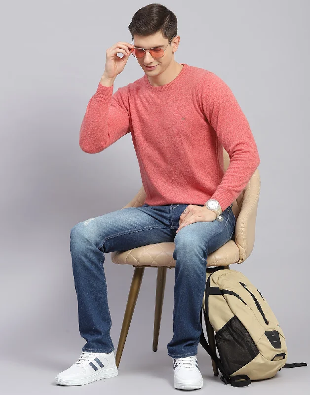 Denim Looks Men Pink Solid Round Neck Full Sleeve Pullover