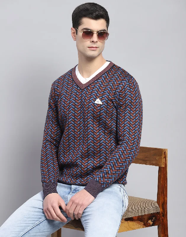 Active Wear Men Purple Self Design V Neck Full Sleeve Pullover