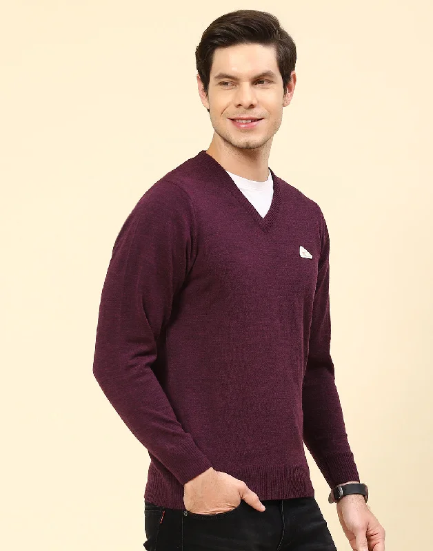 Layered Clothing Men Purple Solid V Neck Full Sleeve Pullover