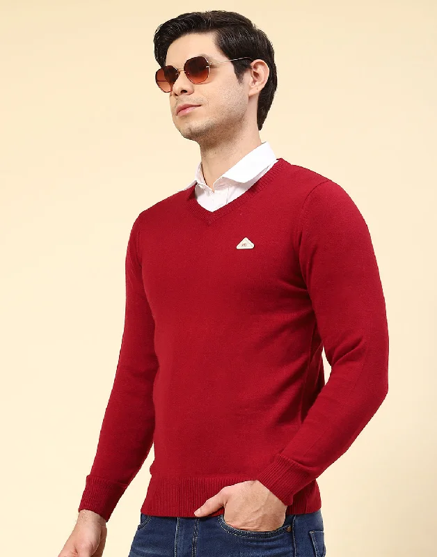 Soft Fabrics Men Red Solid V Neck Full Sleeve Pullover
