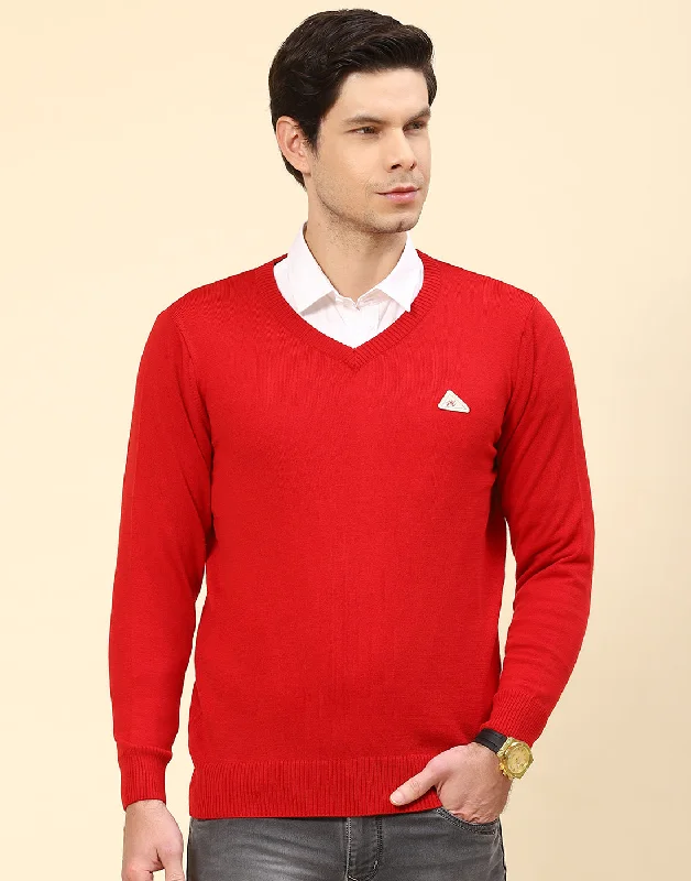 Lightweight Jackets Men Red Solid V Neck Full Sleeve Pullover