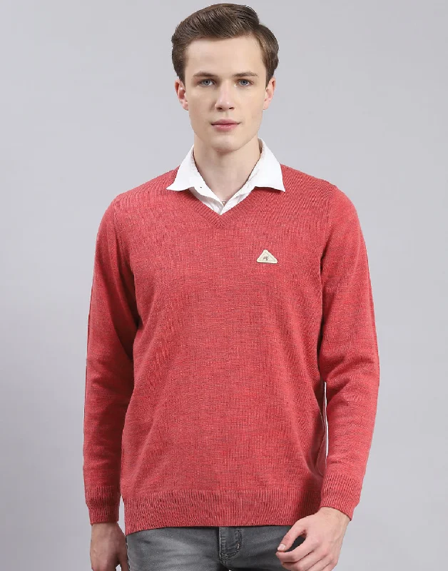 Fashion Pants Men Red Solid V Neck Full Sleeve Pullover