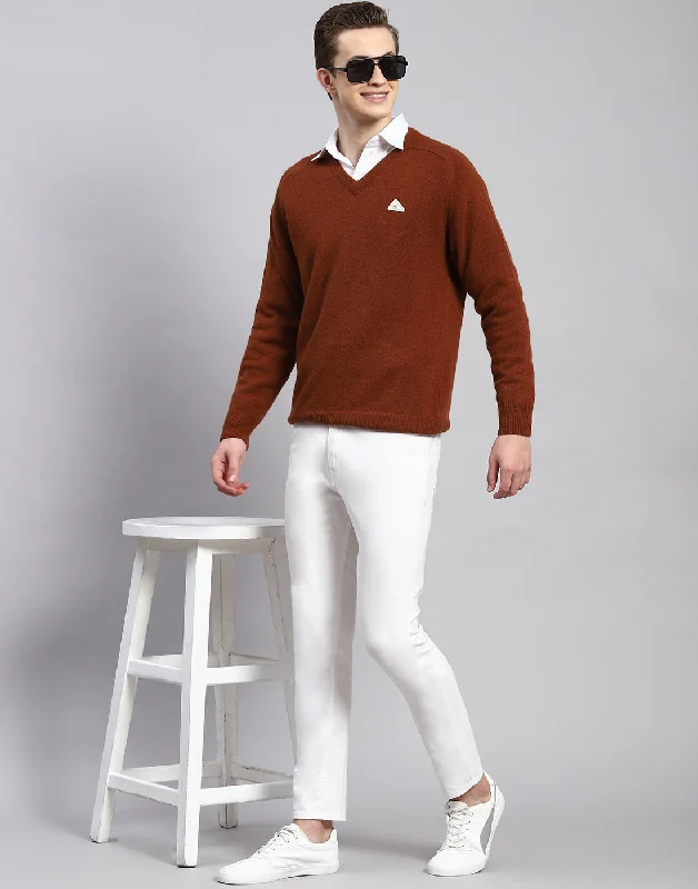 Trendy Shoes Men Rust Solid V Neck Full Sleeve Pullover