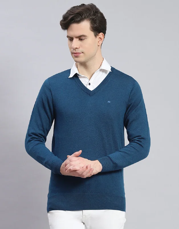 Cozy Jackets Men Teal Blue Solid V Neck Full Sleeve Pullover