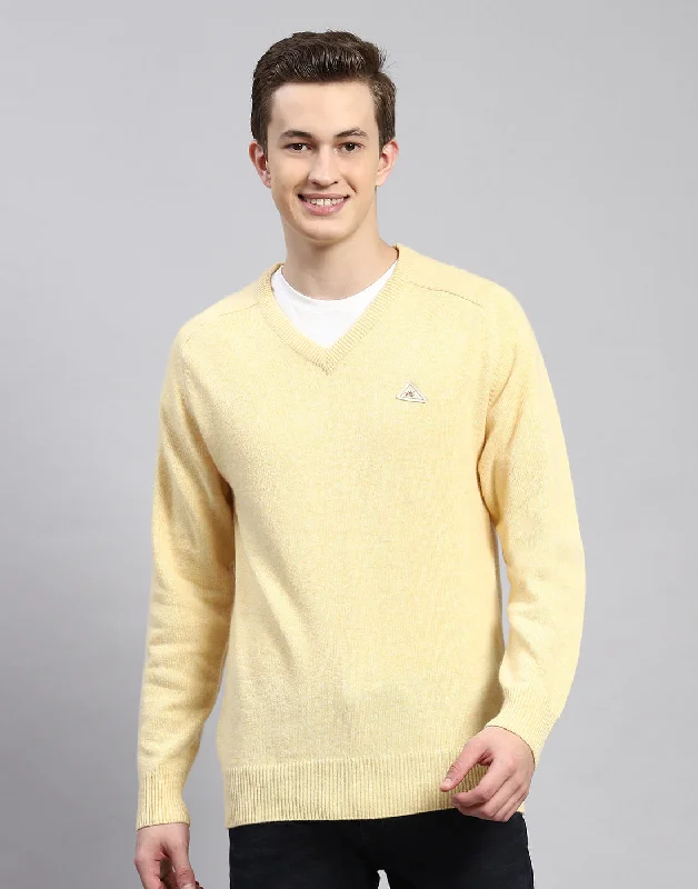 Designer Casuals Men Yellow Solid V Neck Full Sleeve Pullover