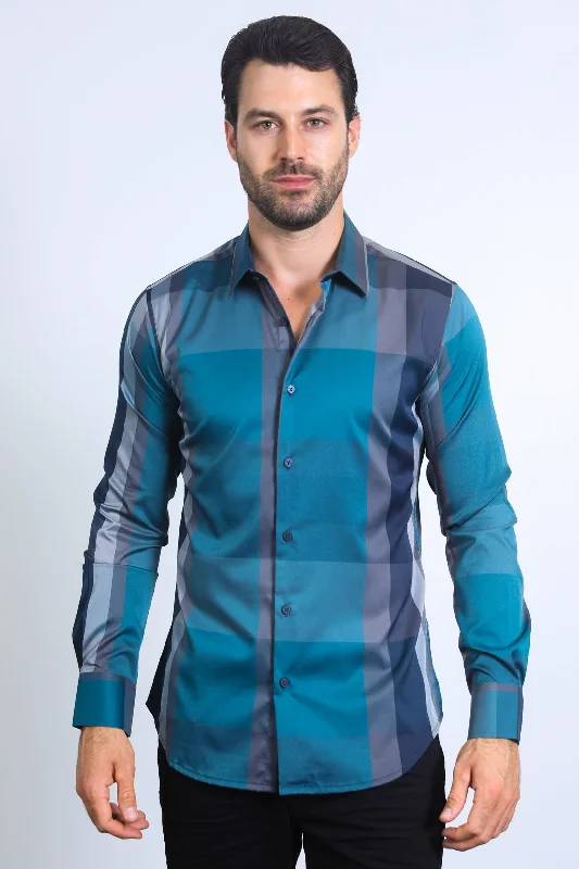 Trendy Pants Mens Checkered Teal Long Sleeve Shirts