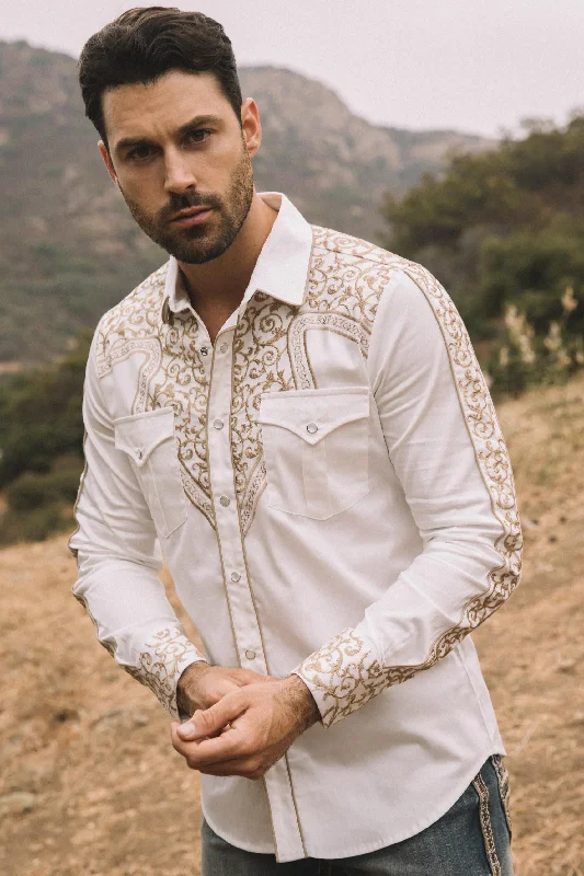 Trendy Sweaters Mens Embroidery Modern Fit Stretch Beige Long Sleeve Shirt