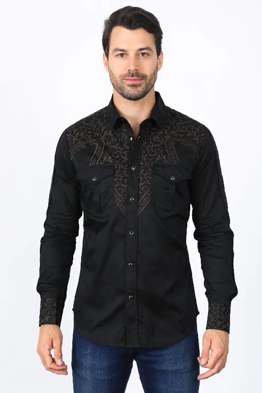 Smart Suits Mens Embroidery Modern Fit Stretch Black/Brown Long Sleeve Shirt