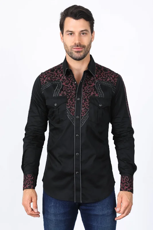 Layered Clothing Mens Embroidery Modern Fit Stretch Black/Charcoal Long Sleeve Shirt