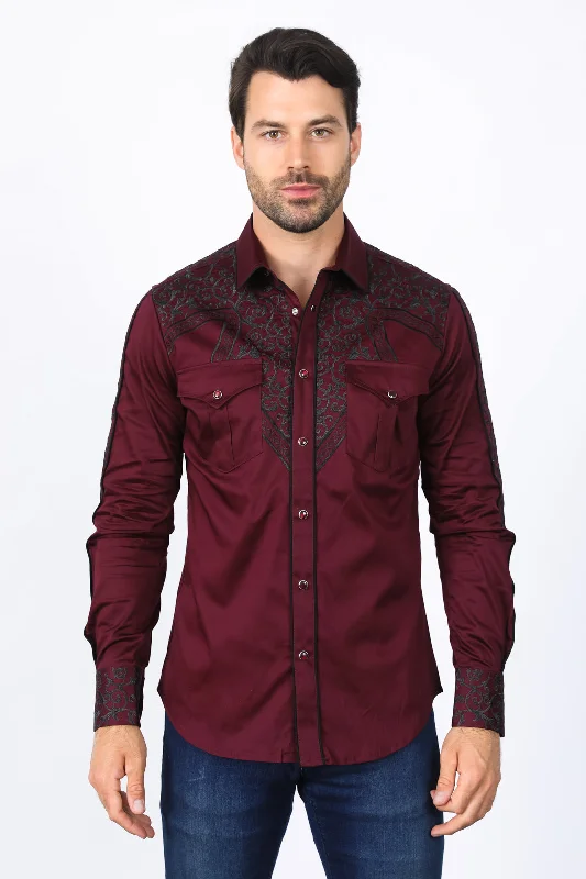 Modern Clothing Mens Embroidery Modern Fit Stretch Burgundy Long Sleeve Shirt