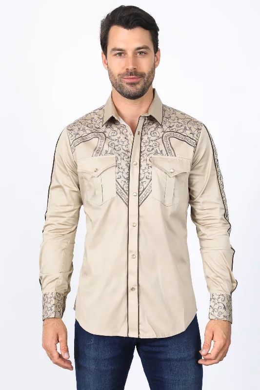 Functional Wear Mens Embroidery Modern Fit Stretch Khaki Long Sleeve Shirt