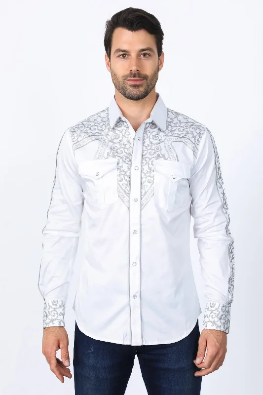 Minimal Apparel Mens Embroidery Modern Fit Stretch White Long Sleeve Shirt