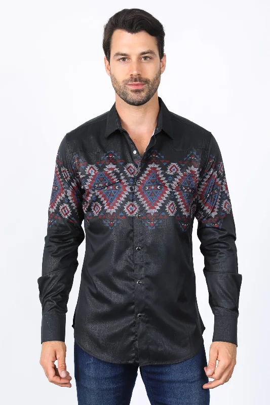 Weekend Styles Mens Modern Fit Panoramic Foil Print Shirt - Black