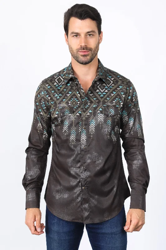 Fashion Jeans Mens Modern Fit Panoramic Foil Print Shirt - Brown