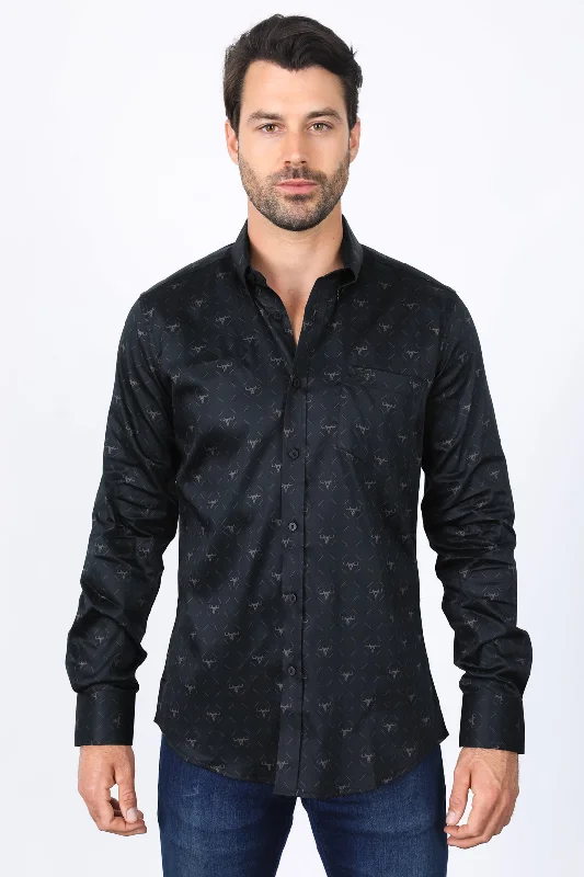 Comfort Clothes Mens Satin Cotton Modern Fit Black Long Sleeve Shirt
