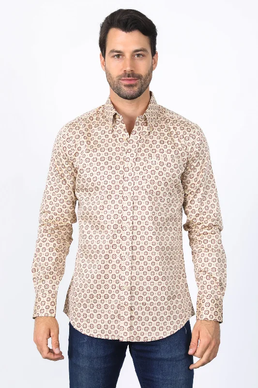 Casual Shirts Mens Satin Cotton Modern Fit Khaki Long Sleeve Shirt