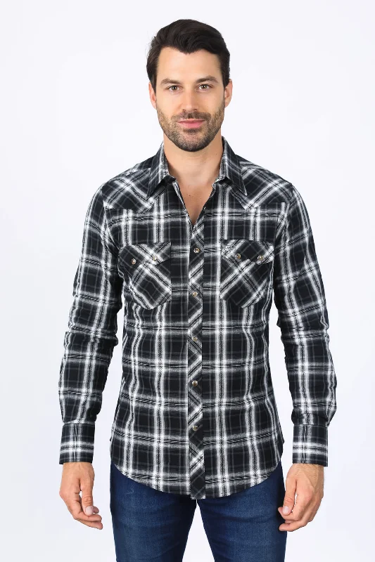 Relaxed T-shirts Mens Western Checkered Black Long Sleeve Shirts