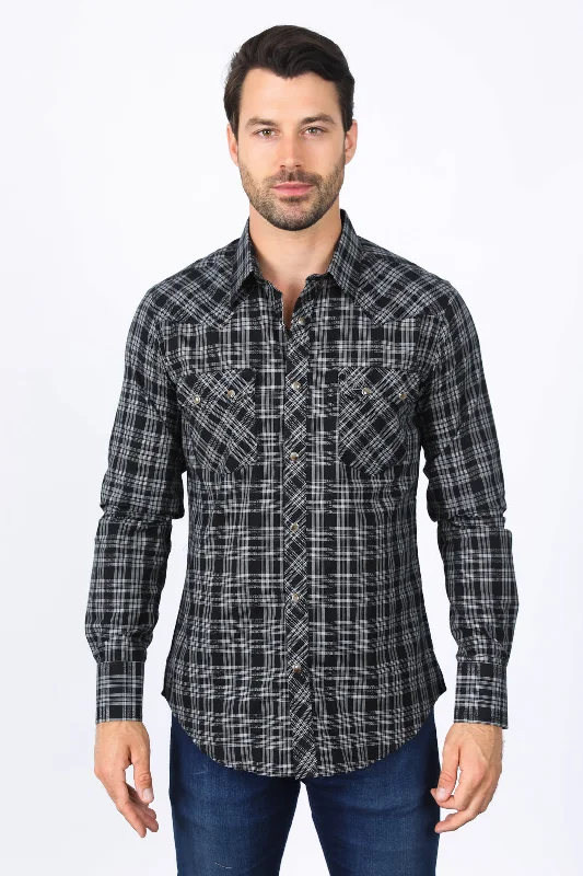 Fashionable Wear Mens Western Checkered Black Long Sleeve Shirts