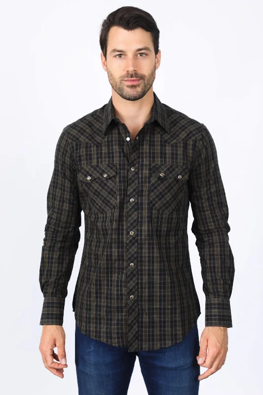 Minimalist Pieces Mens Western Checkered Black Long Sleeve Shirts
